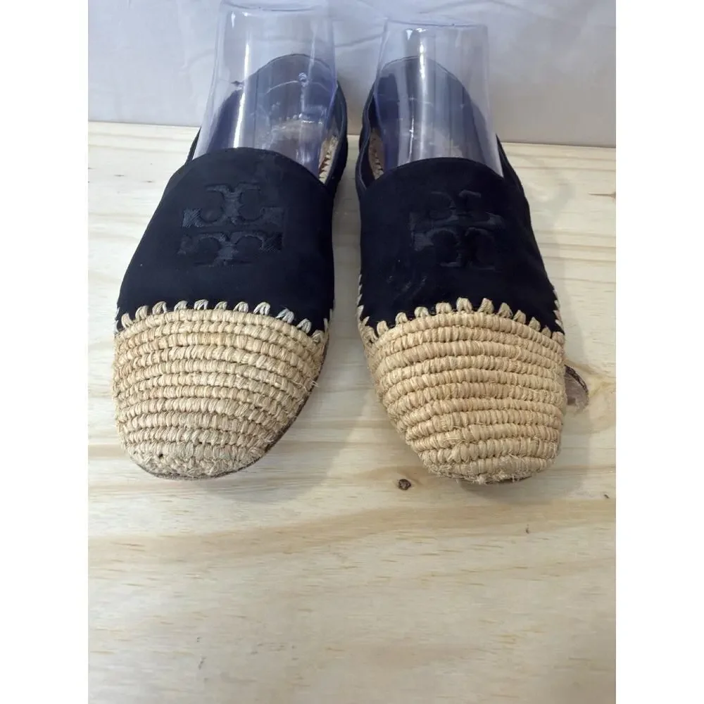 Tory Burch Arianne Espadrilles Black Suede Raffia Logo Flats Women's Size 8M